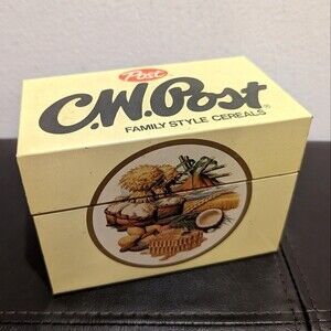 Vintage C.W. Post Cereal Recipe Card Box Tin Metal Advertising Kitchen Decor